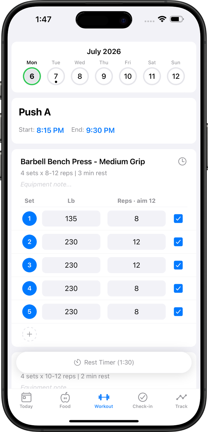 Workout logger in Fit Phase with sets, reps, weight, and a rest timer