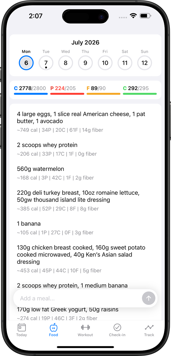 Food log in Fit Phase with meals written in plain English and their macros