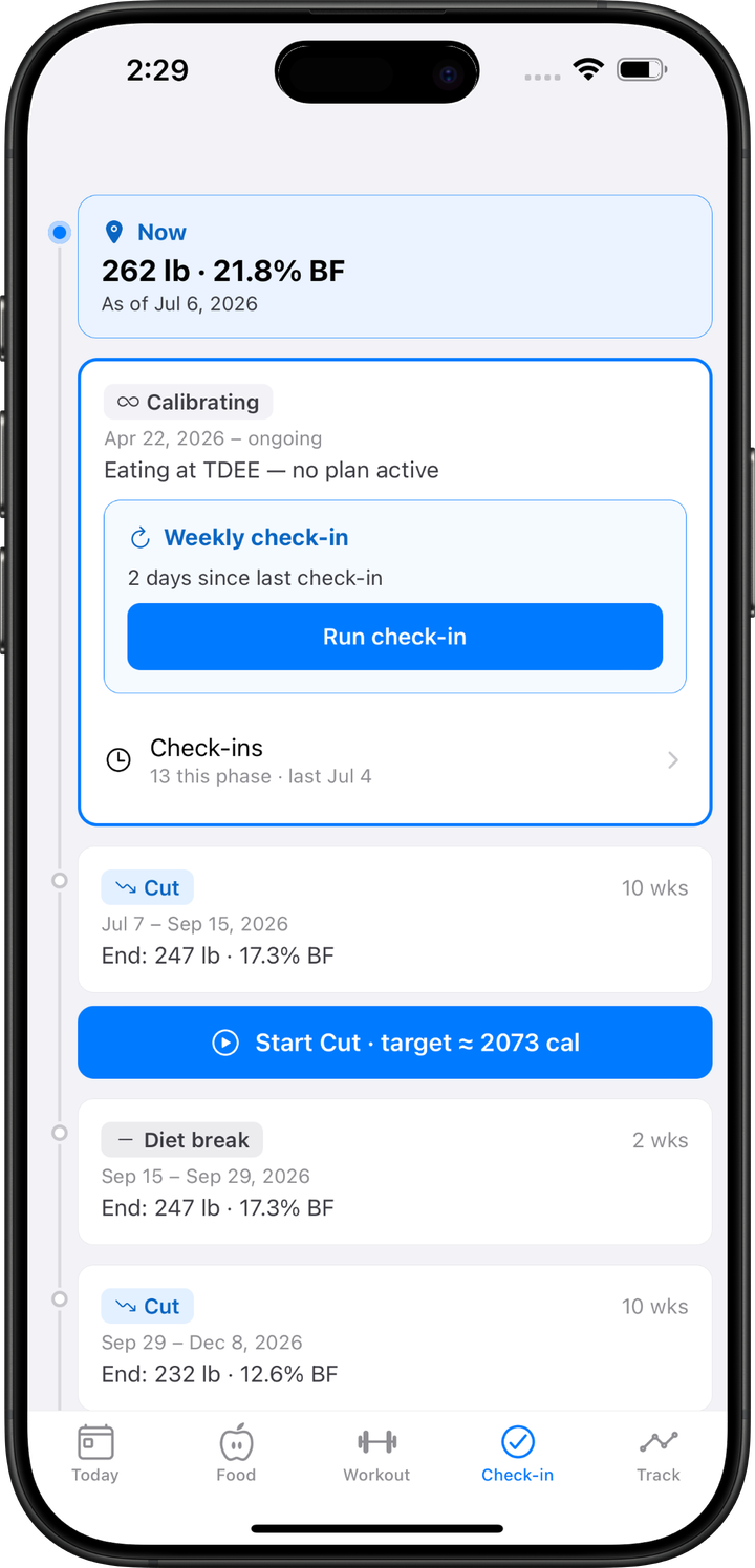 Phase timeline in Fit Phase with a weekly check-in and upcoming cut and diet break phases